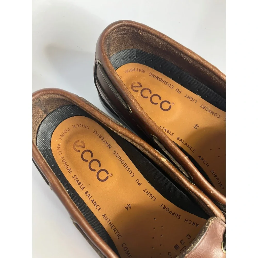 ECCO Boat Shoes Mens 44 Brown Good Leather Loafers Moc Toe Casual Slip On